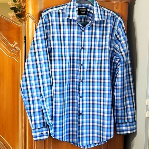 NORSTROM mens dress‎ shirt blue plaid. Trim fit size 15. Great condition. - Picture 1 of 9